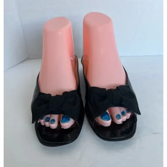 Salvatore Ferragamo Black Patent Leather Bow Open Toe Mule Slide Sandals Sz 7.5B - Picture 2 of 10